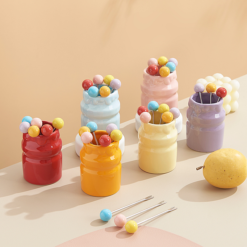 高颜值家用可爱餐具叉子套装甜品叉创意陶瓷收纳罐色釉奶瓶水果叉