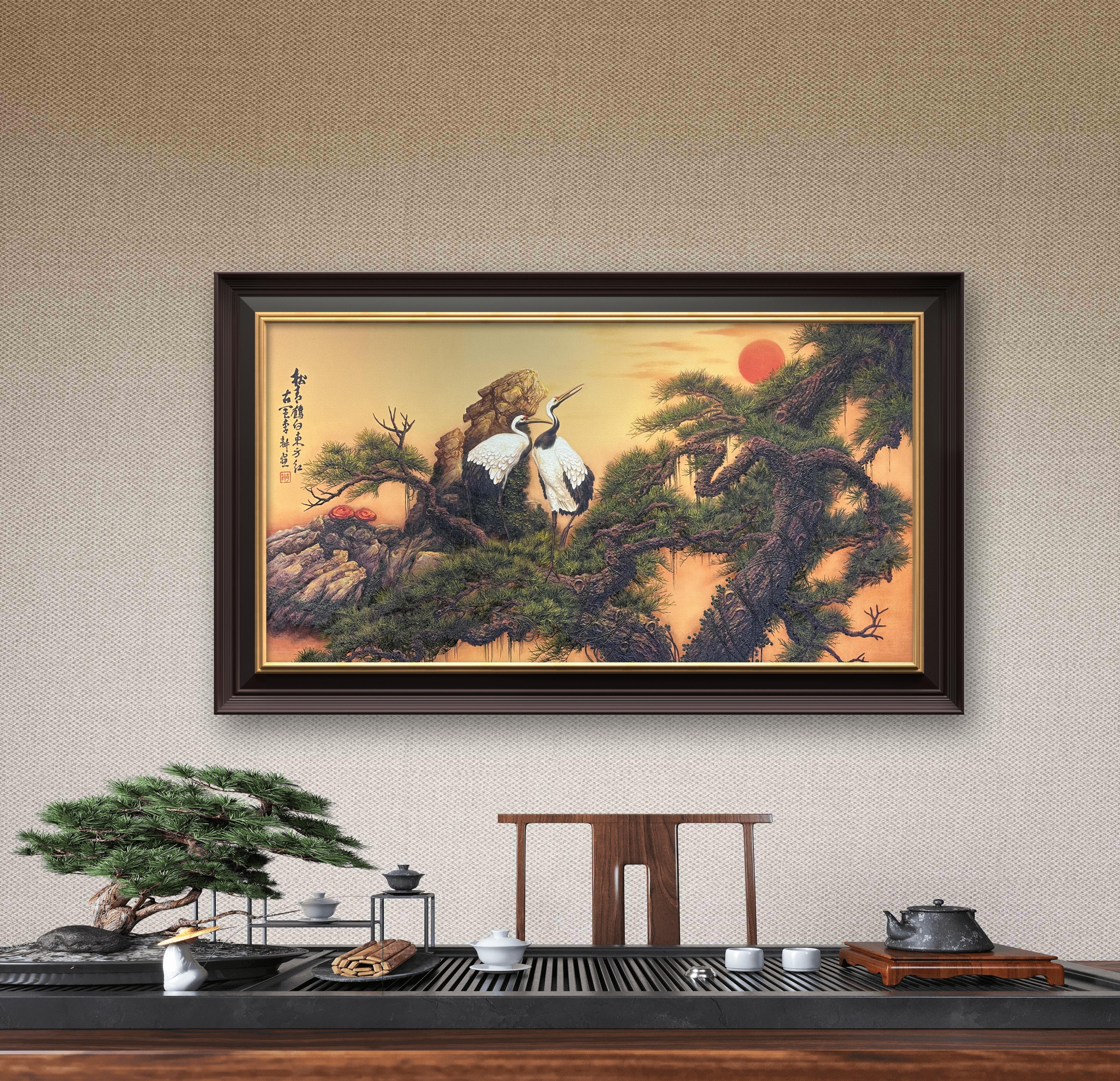 《松青鹤白东方红》油画艺术作品80*150