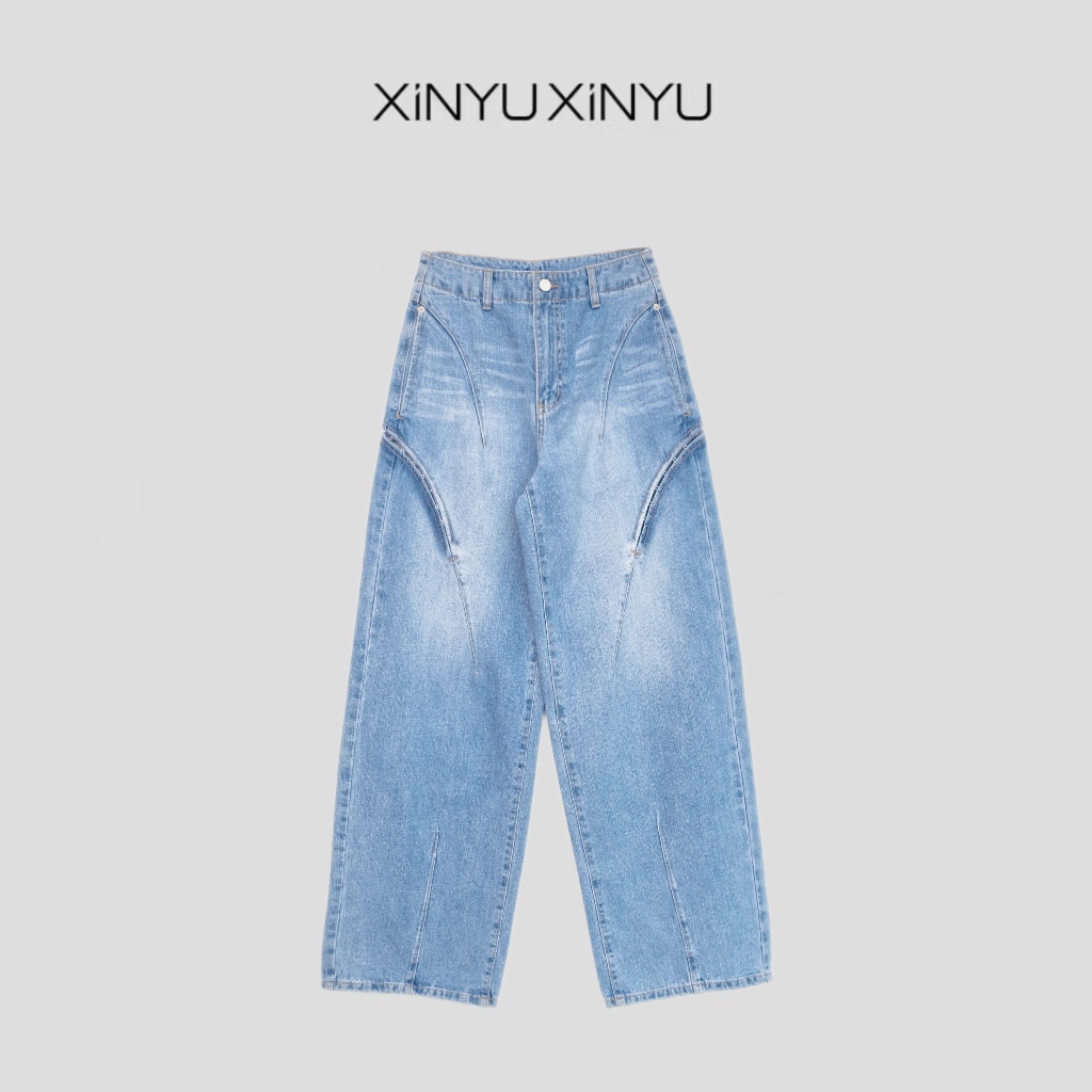 XINYU/芯与解构分割设计侧边可开口牛仔裤 14971 时尚 宽松 高腰