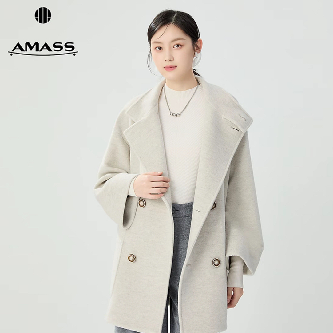 阿玛施5400843秋冬新款氛围感双排扣绵羊毛宽松立领大衣外套