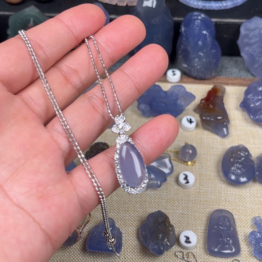 银S925镶嵌吊坠(不含链)玛瑙/玉髓蓝玛瑙水滴吊坠套件