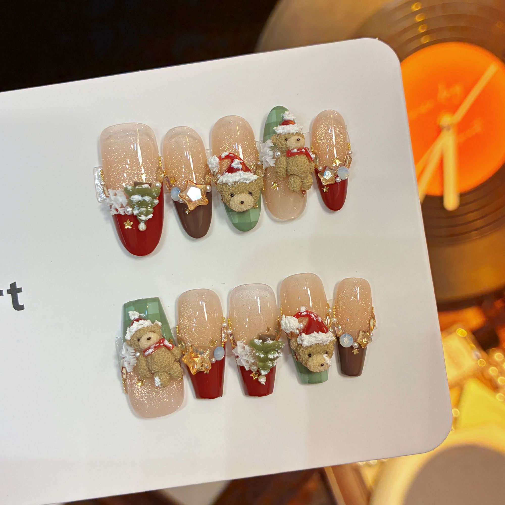 【圣诞小熊】格纹法式立体小熊造型美甲可爱风2025中长款穿戴甲