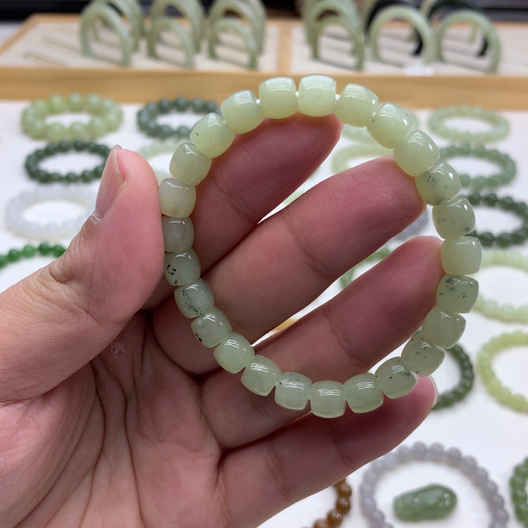 和田玉手串（直切点墨青花8）未镶嵌