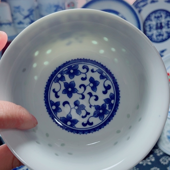 青花玲珑5寸饭碗紫荆花无花