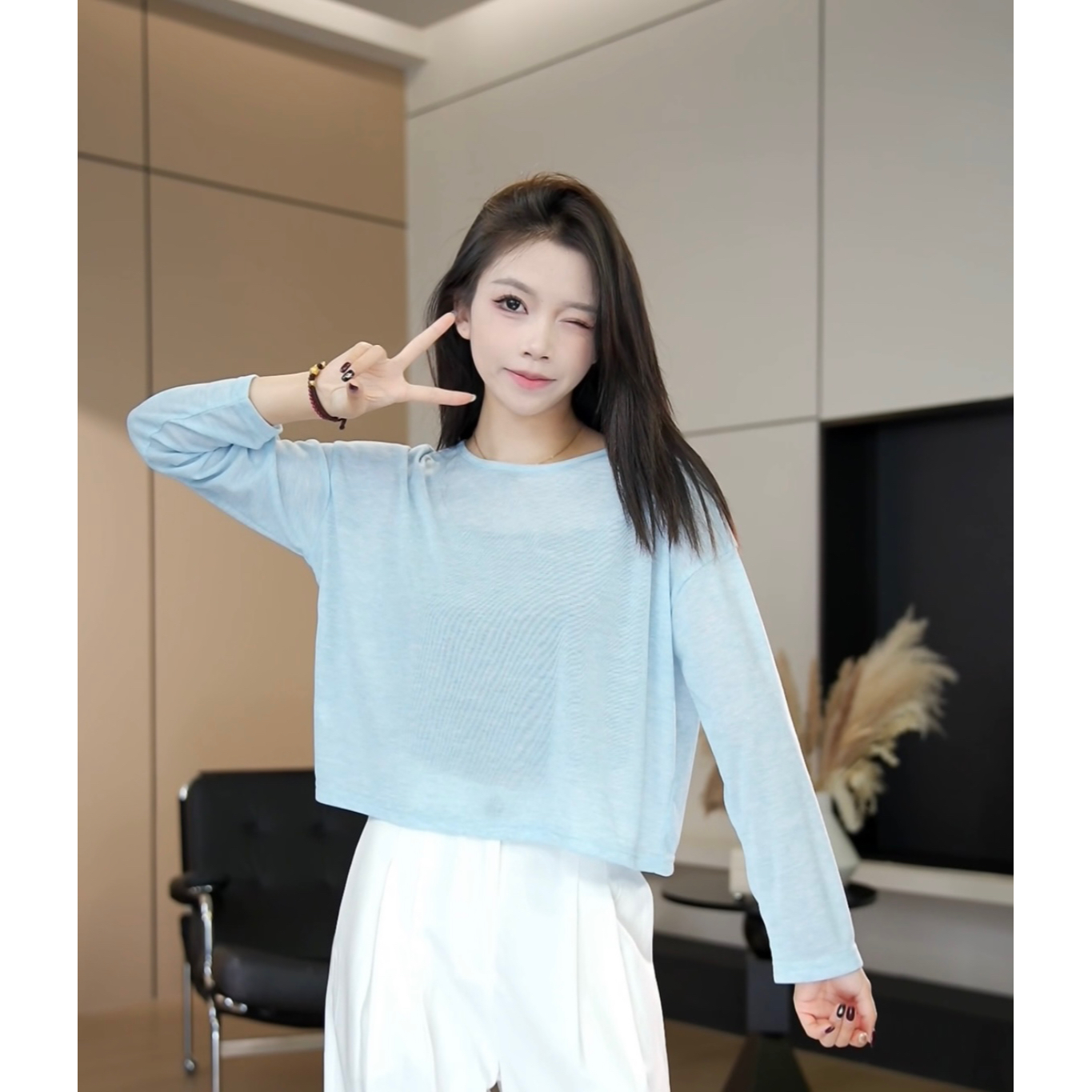 【小个子】春季新款休闲百搭圆领宽松纯色罩衫-8200