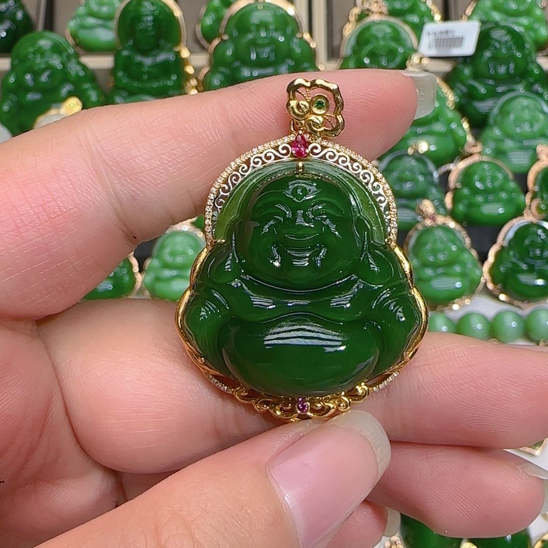 和田玉（碧玉）吊坠(不含链)18K金镶嵌