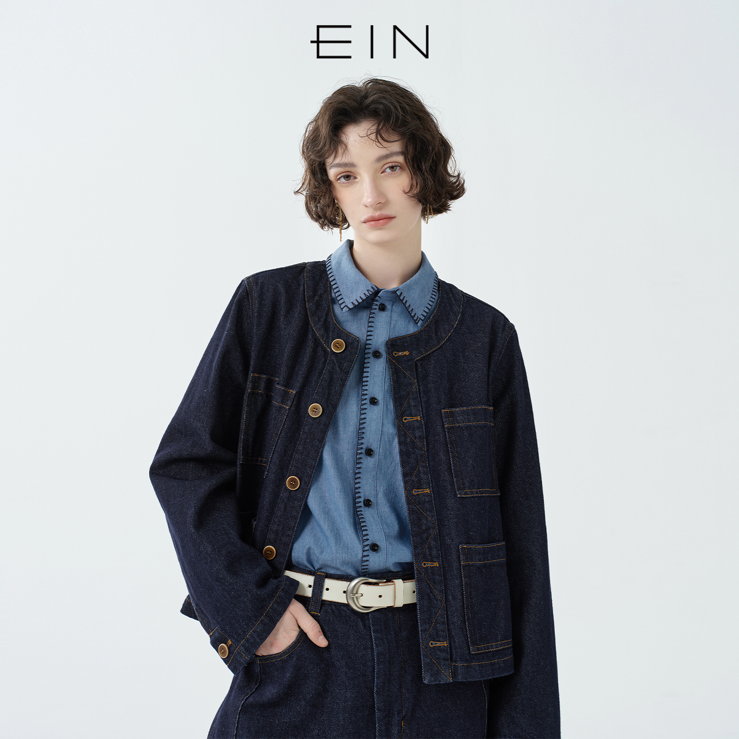 EIN/言复古摩登风工装感明线固定设计牛仔短外套女2025夏季新款