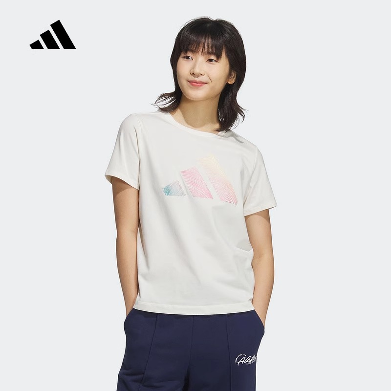 adidas阿迪达斯女子白色运动短袖LOGO SS TEE针织无领短T恤JL6284