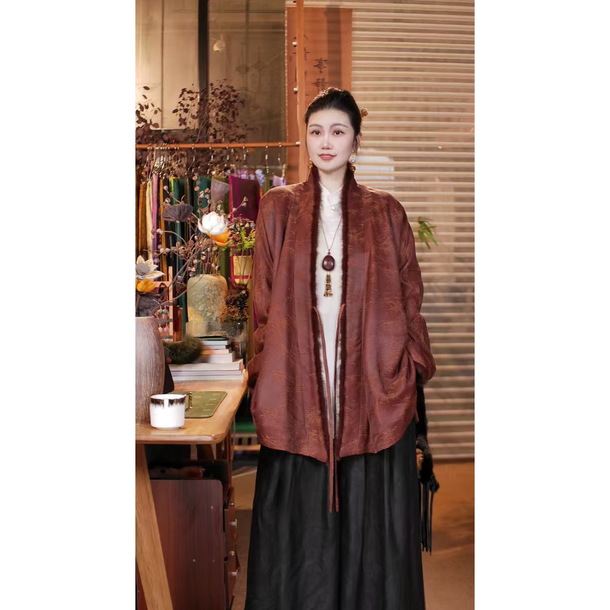 【玉溪非遗】香云纱拼水貂毛绑绳禅服棉外套Y71026