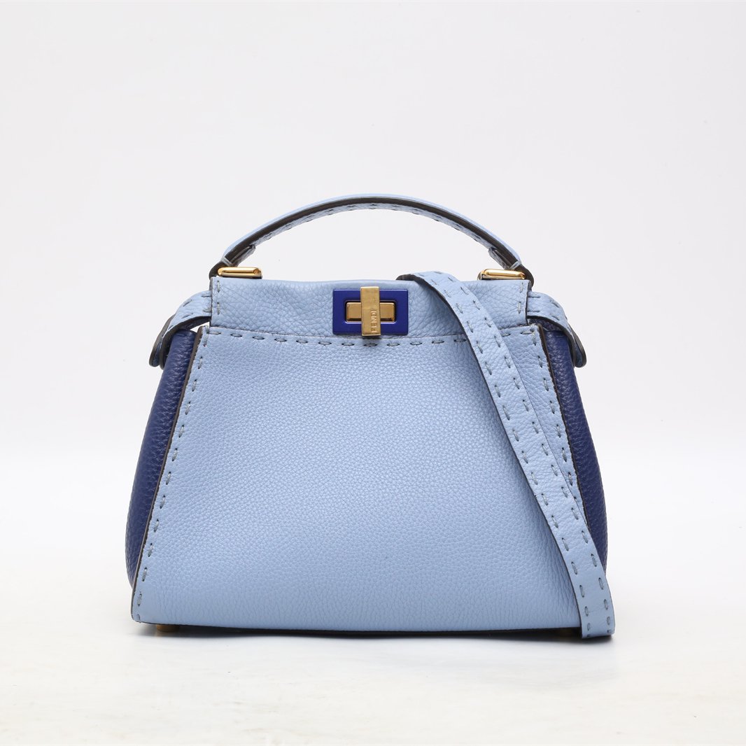 95新 FENDI/芬迪 小花6珊 PEEKABOO Mini 23cm 蓝色 皮革C 银扣包