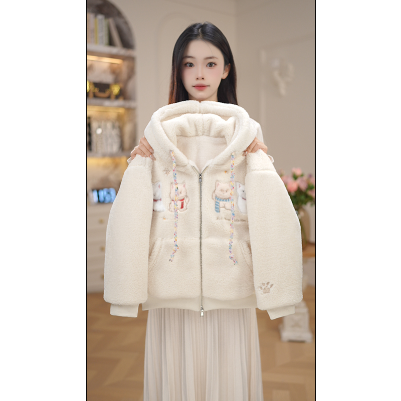 女童毛毛衣卫衣冬季连帽2025新款秋冬款女孩加绒加厚大童外套7968