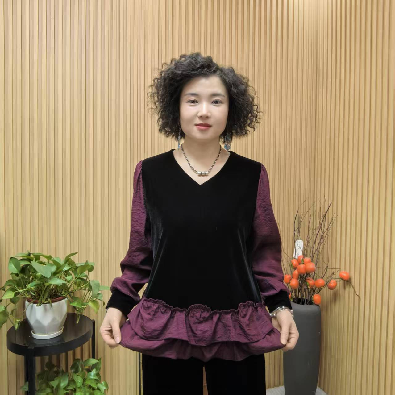 长袖拼色拼接富婆风宽松纯色金丝绒上衣2503