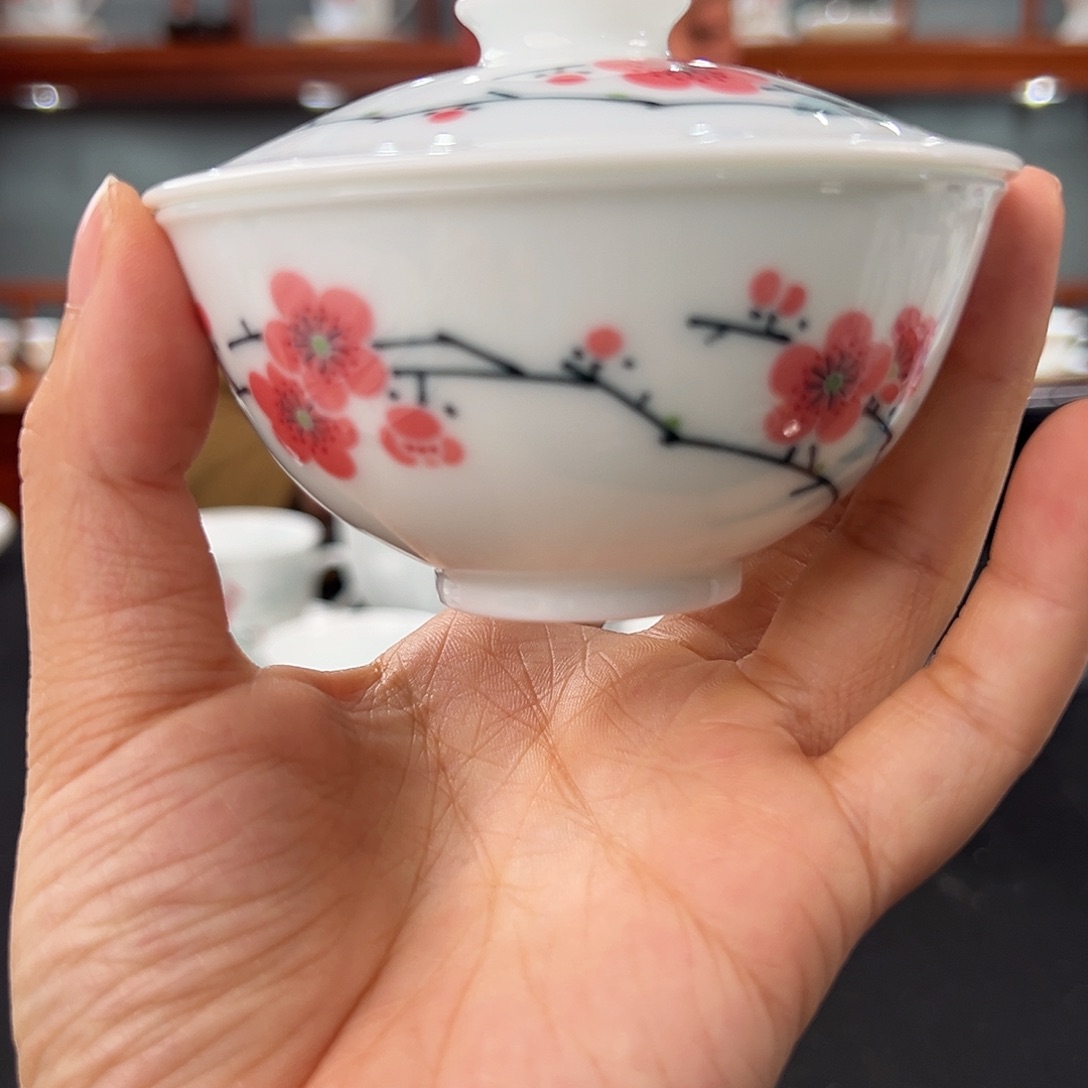 柴窑翠竹红梅9厘米盖碗一级品