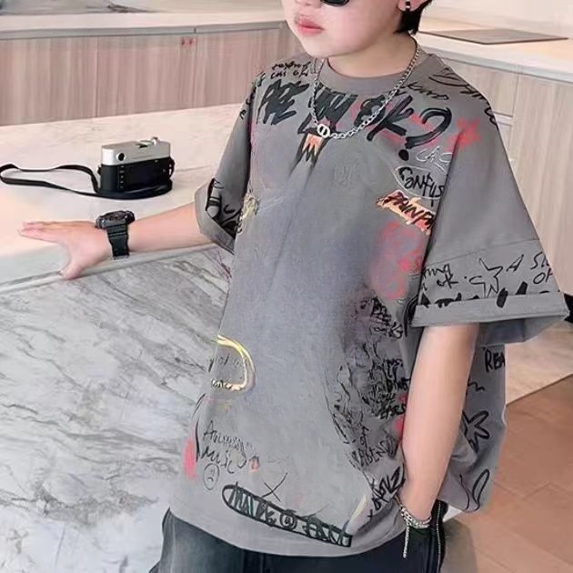 儿童2025夏季新款时髦卡通字母百搭短袖B1845