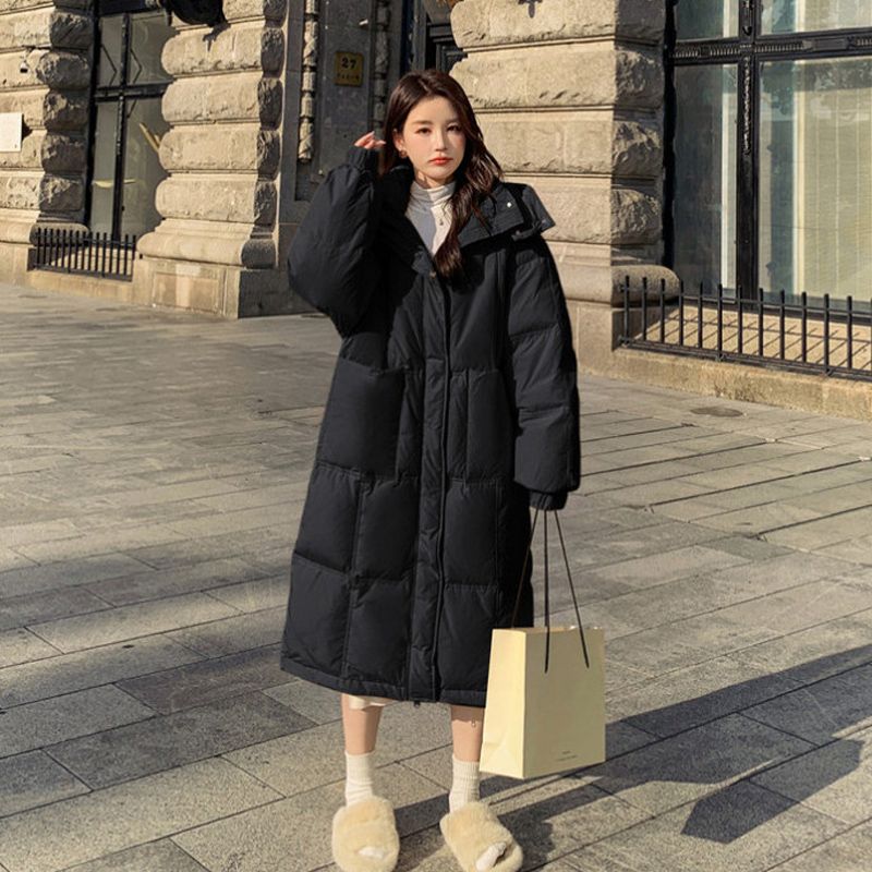 奶fufu淡黄色羽绒服女中长款冬季新款连帽加厚过膝小个子