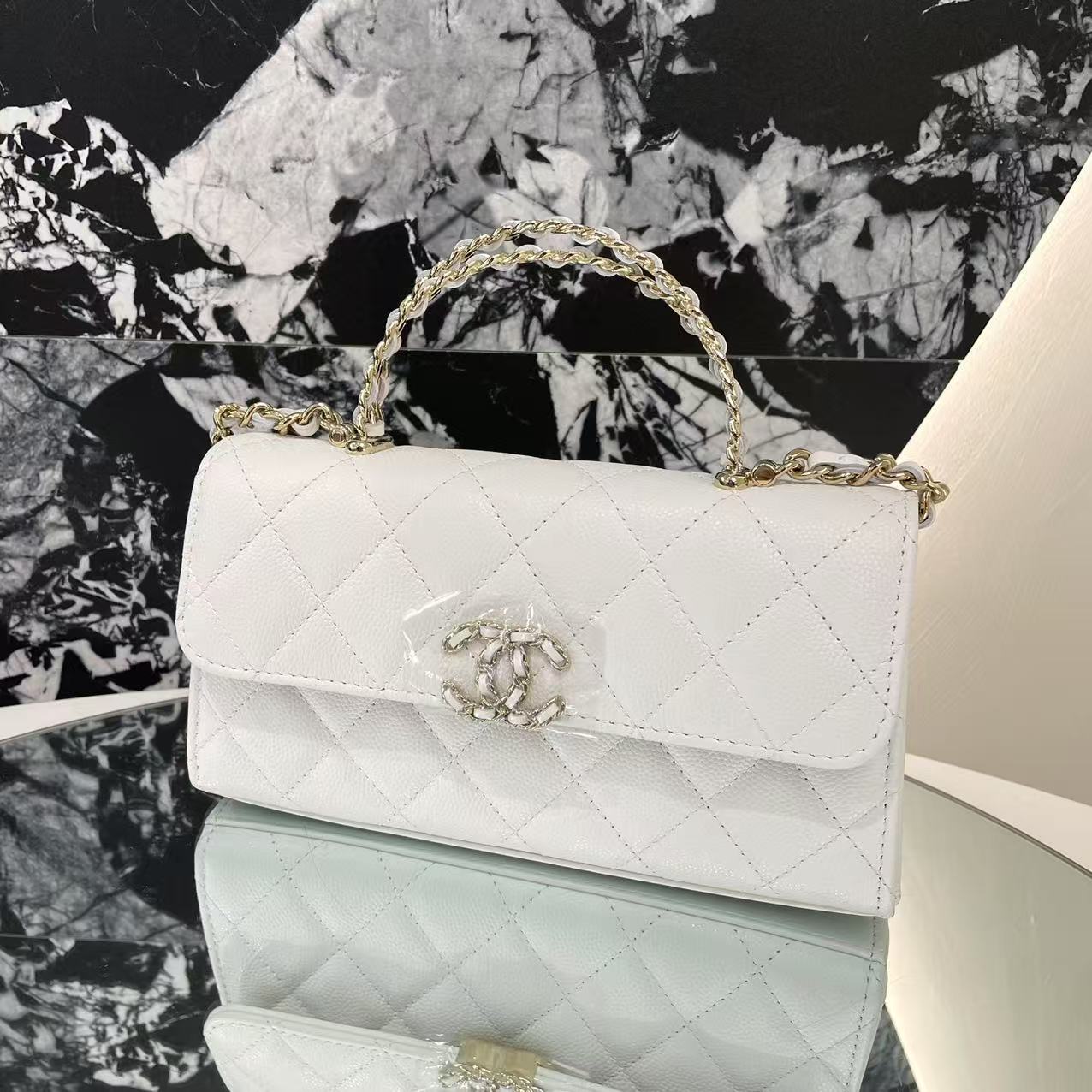 未使用 Chanel/香奈儿 25s白色荔枝牛皮大号kelly斜挎包