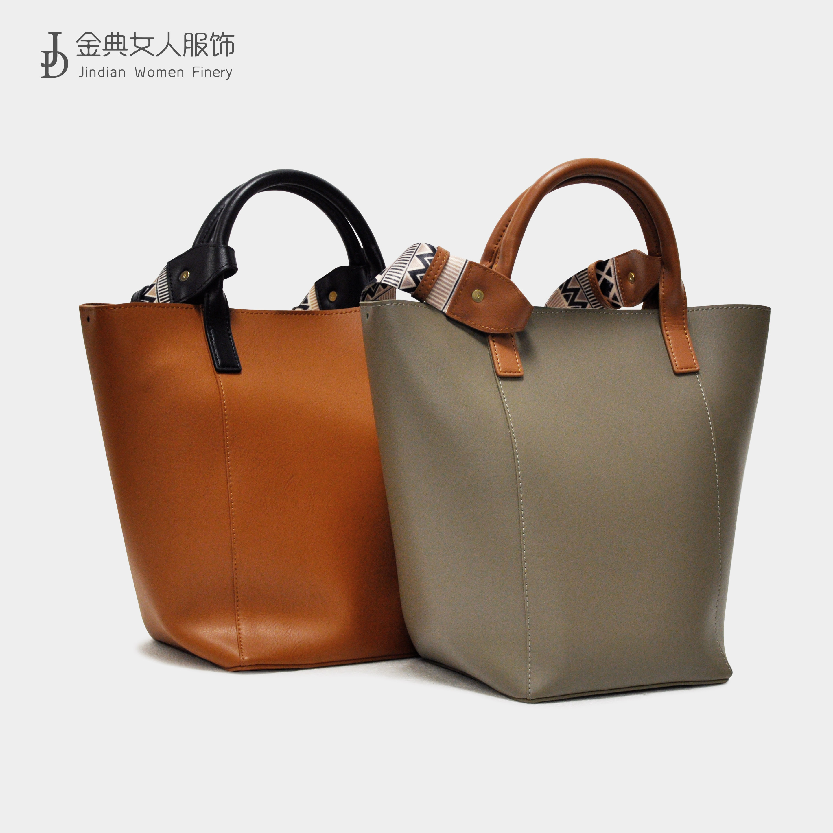 【金典女人服饰】气质复古撞色牛皮水桶包 小众高级感子母包9903