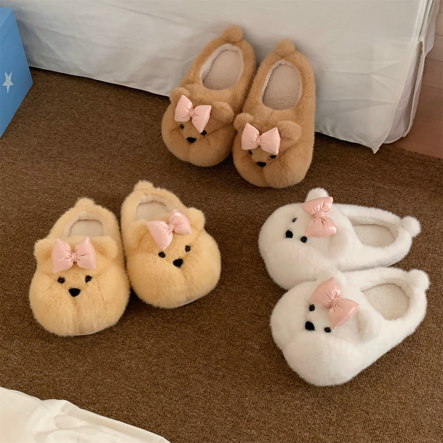 细细条 女士可爱小胖熊防滑棉拖鞋奶呼呼学生冬季保暖休闲居家鞋