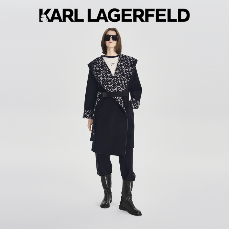 KARL LAGERFELD老花连帽浴袍式羊毛大衣M27E2938