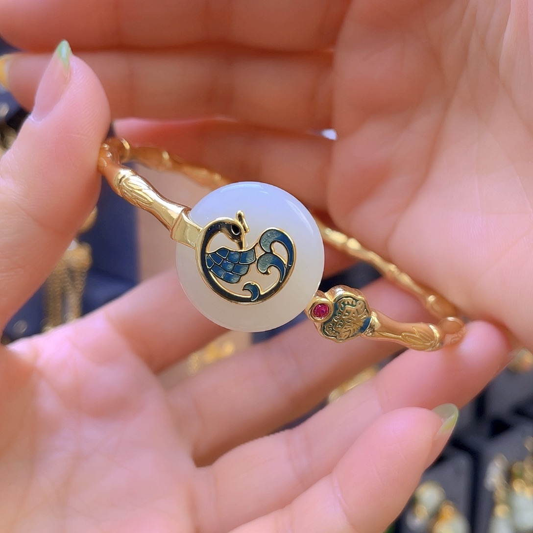 和田玉手镯银S925镀金镶嵌