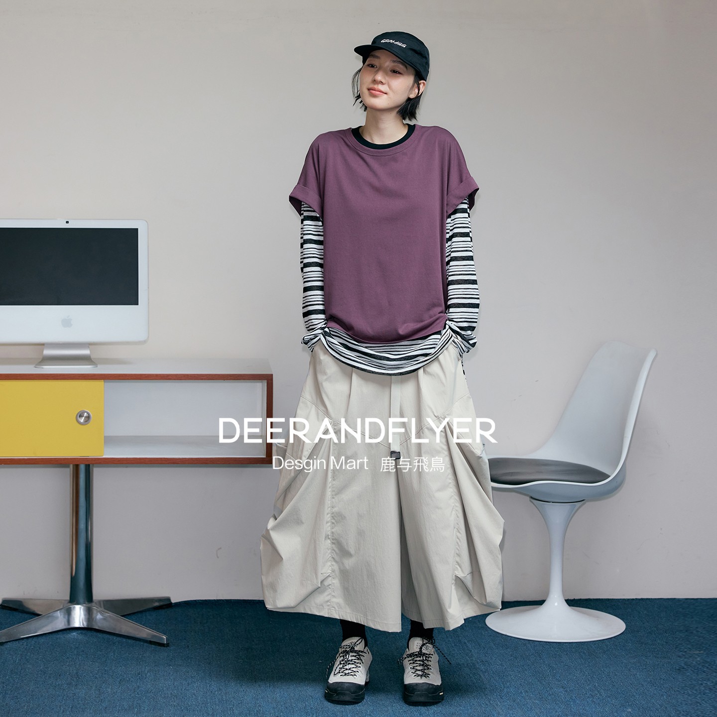 鹿与飞鸟“西野”锦氨四面弹防泼溅堆量建筑感两色工装风裙裤6809