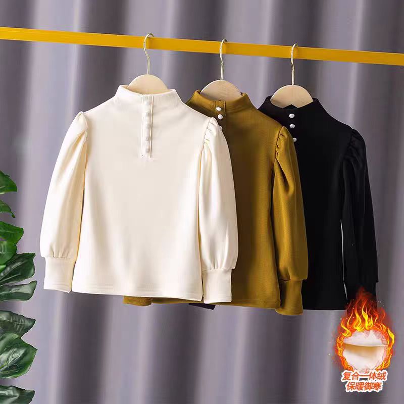 女童秋冬款加绒加厚打底衫中大童小童洋气时髦半高领T恤上衣