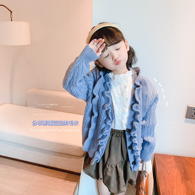 "圣岛情书"雾霾蓝韩版木耳花边毛线外套 62006  15