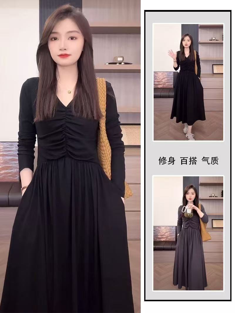少女风显瘦系带修身V领长袖气质冬季连衣裙小黑裙赫本风