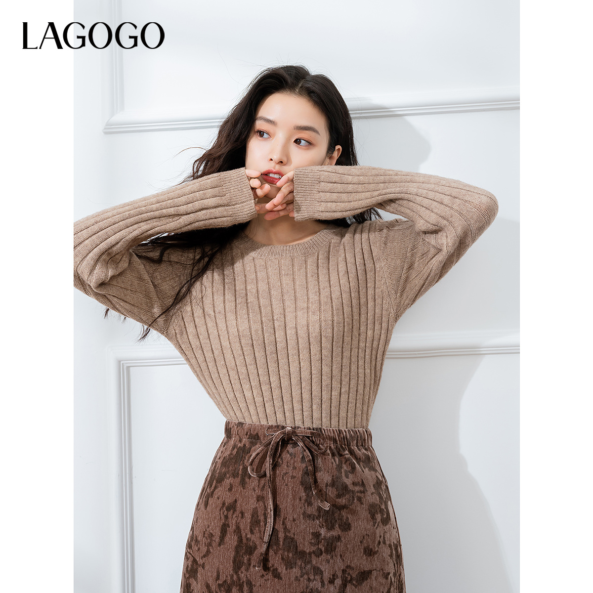 【立子】lagogo拉谷谷百搭显瘦肌理感弹力针织衫女NCMM439A23