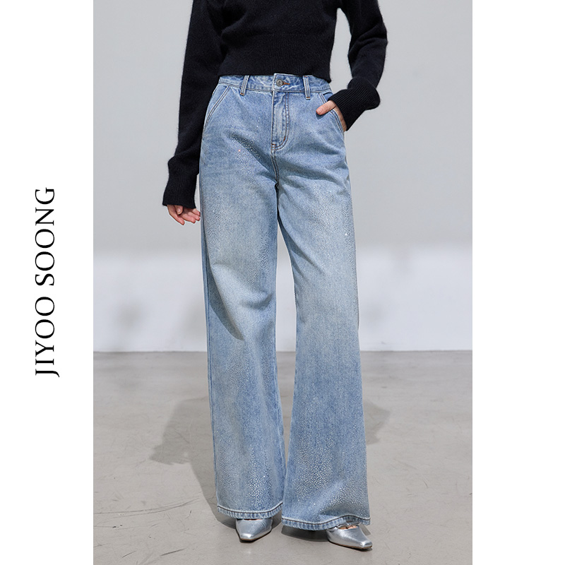 JIYOOSOONG | 高腰遮肚奢闪自带氛围烫钻牛仔裤阔腿裤