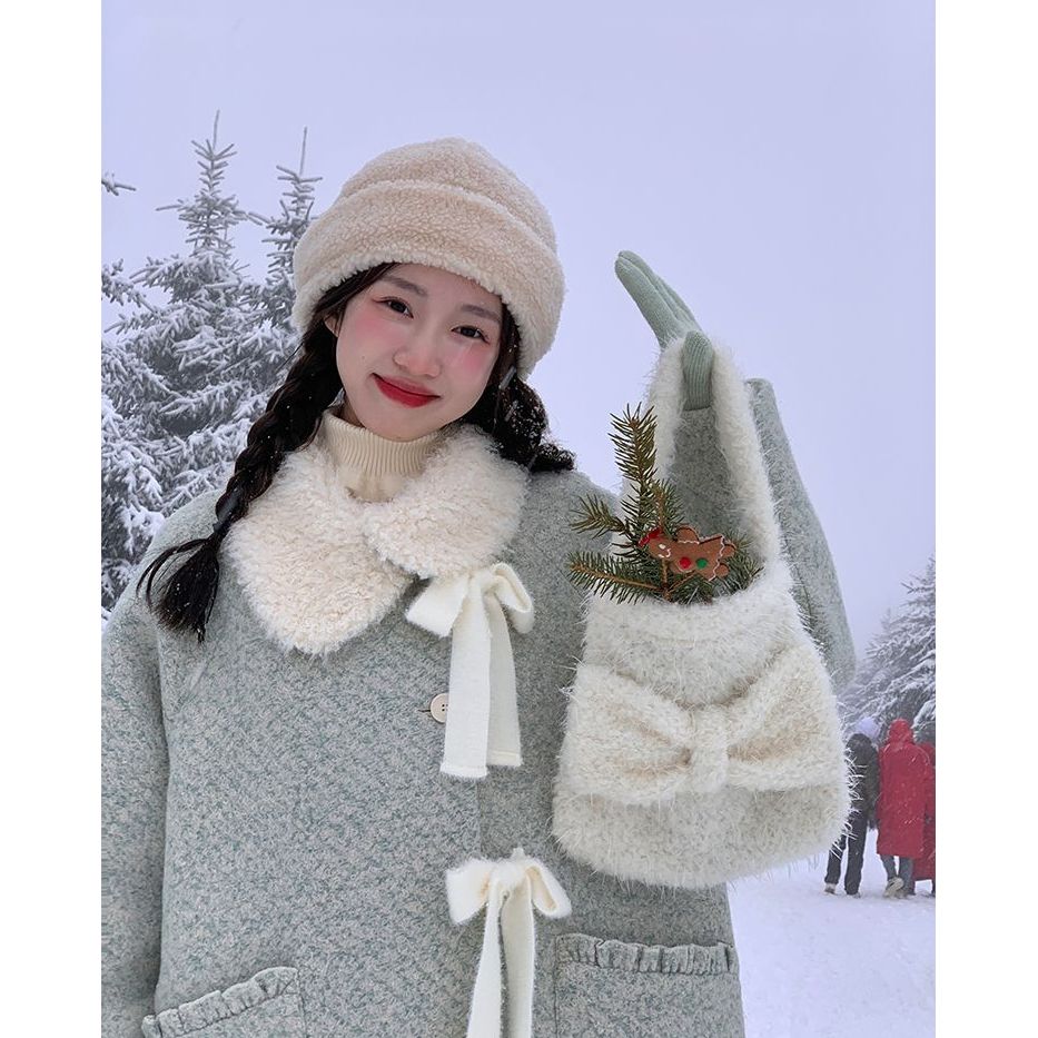 毛毛娃娃领毛呢甜美森系可爱大衣女冬季斜门襟绿色中长款加厚外套