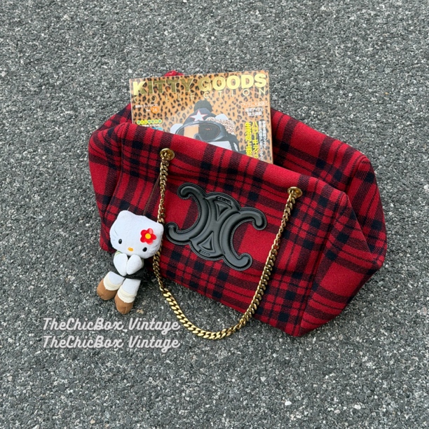 95新 Celine/思琳 只盒/Patapans圣诞红格纹毛呢凯旋门托特包