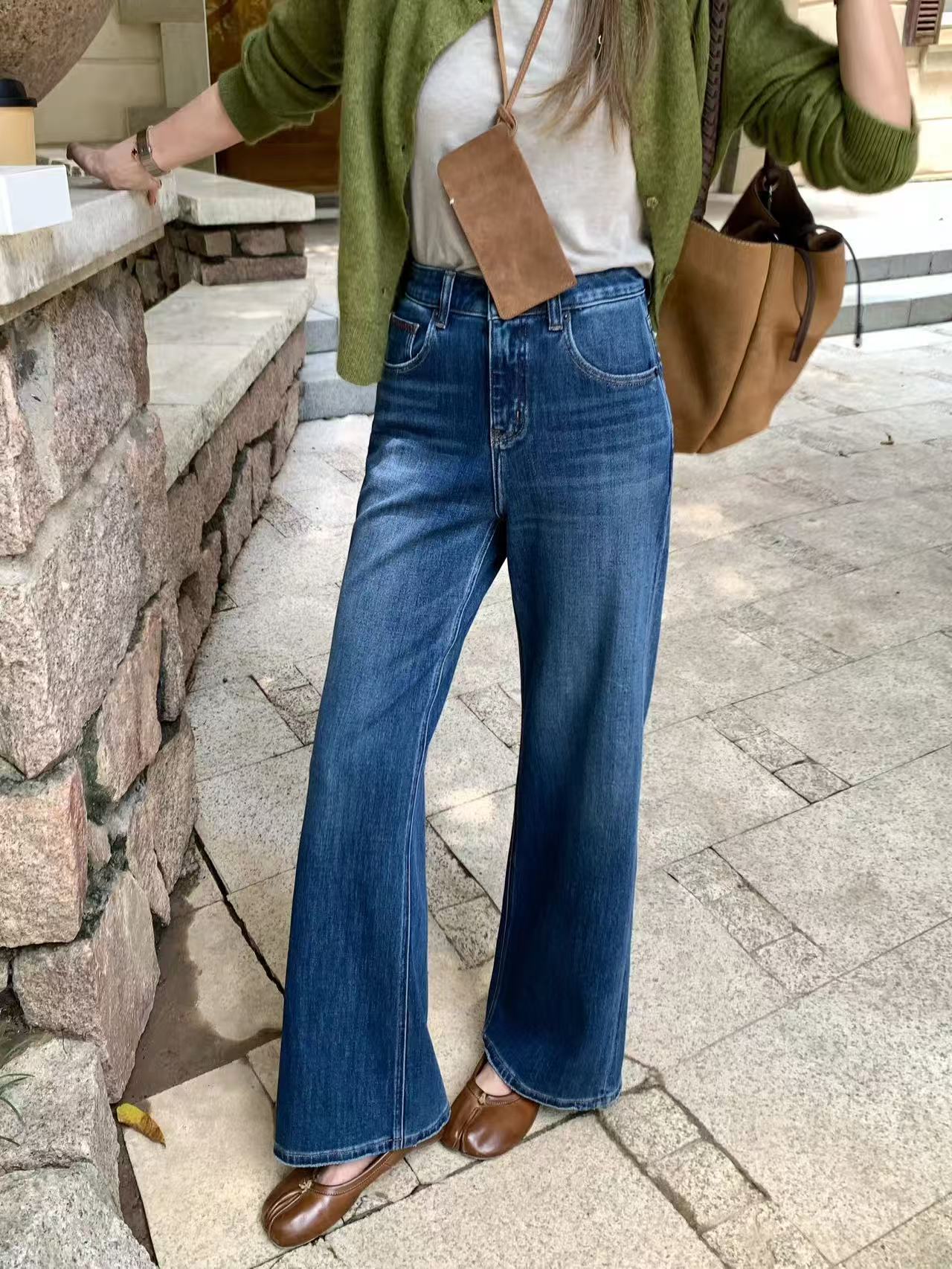 B-14【摩】米白色开叉牛仔裤女显瘦简约百搭高腰直筒阔腿宽松长裤