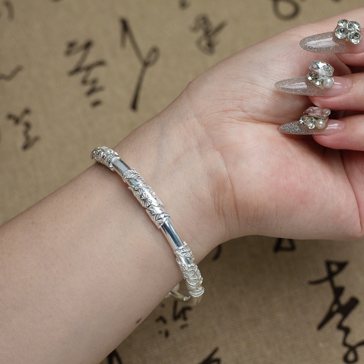 足银手镯 999.9足银【繁花似锦】立体雕花时尚推拉调节纯银手镯MX