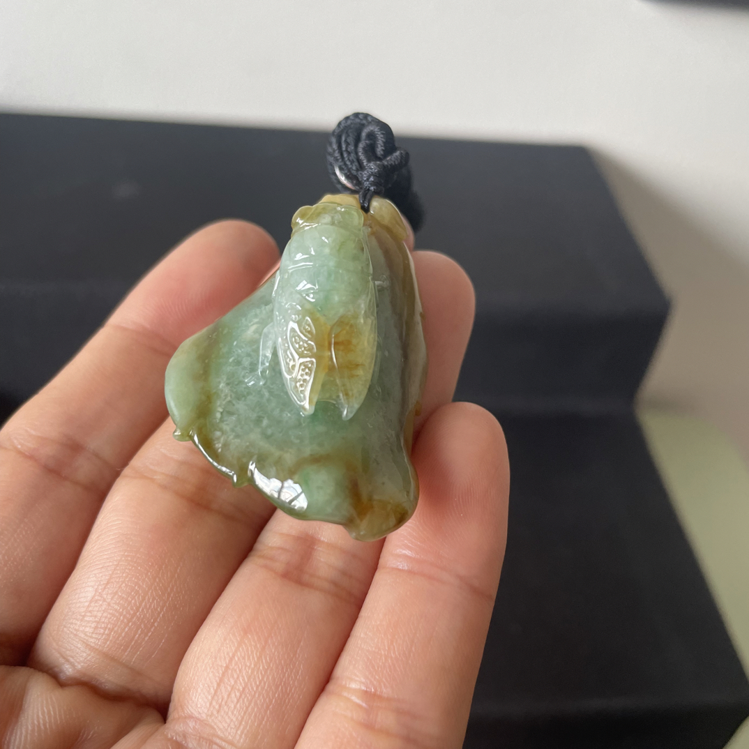 翡翠A货黄加绿知了寓意丰富巧雕工艺带挂绳