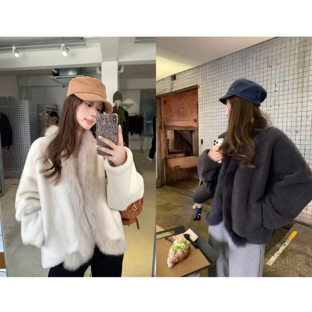 【首尔初雪】气质毛领茧型短款仿羊羔毛复合加厚保暖外套女23392#