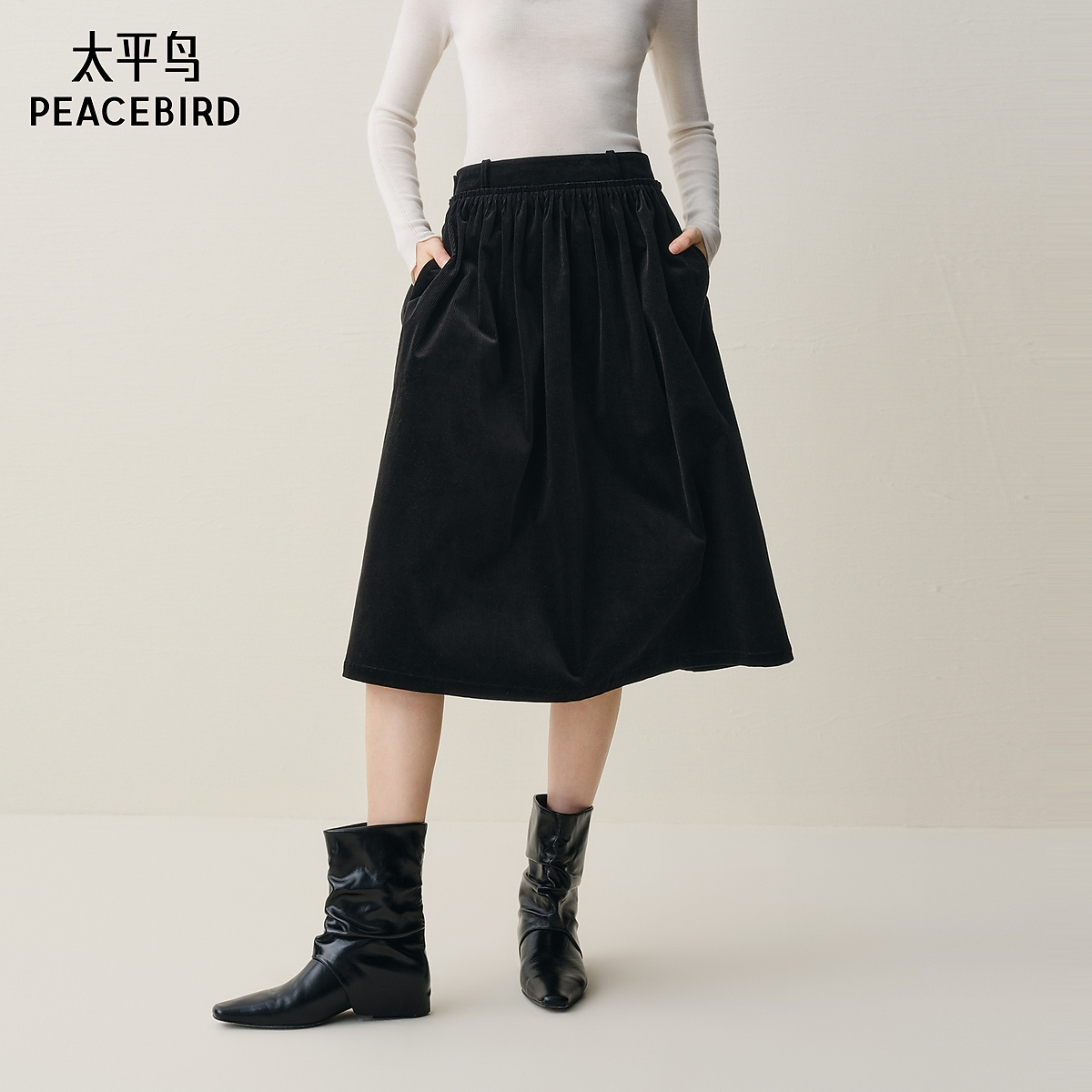 【小米专属】太平鸟女装新款长裙把黑色显瘦半身裙AAGFF421X