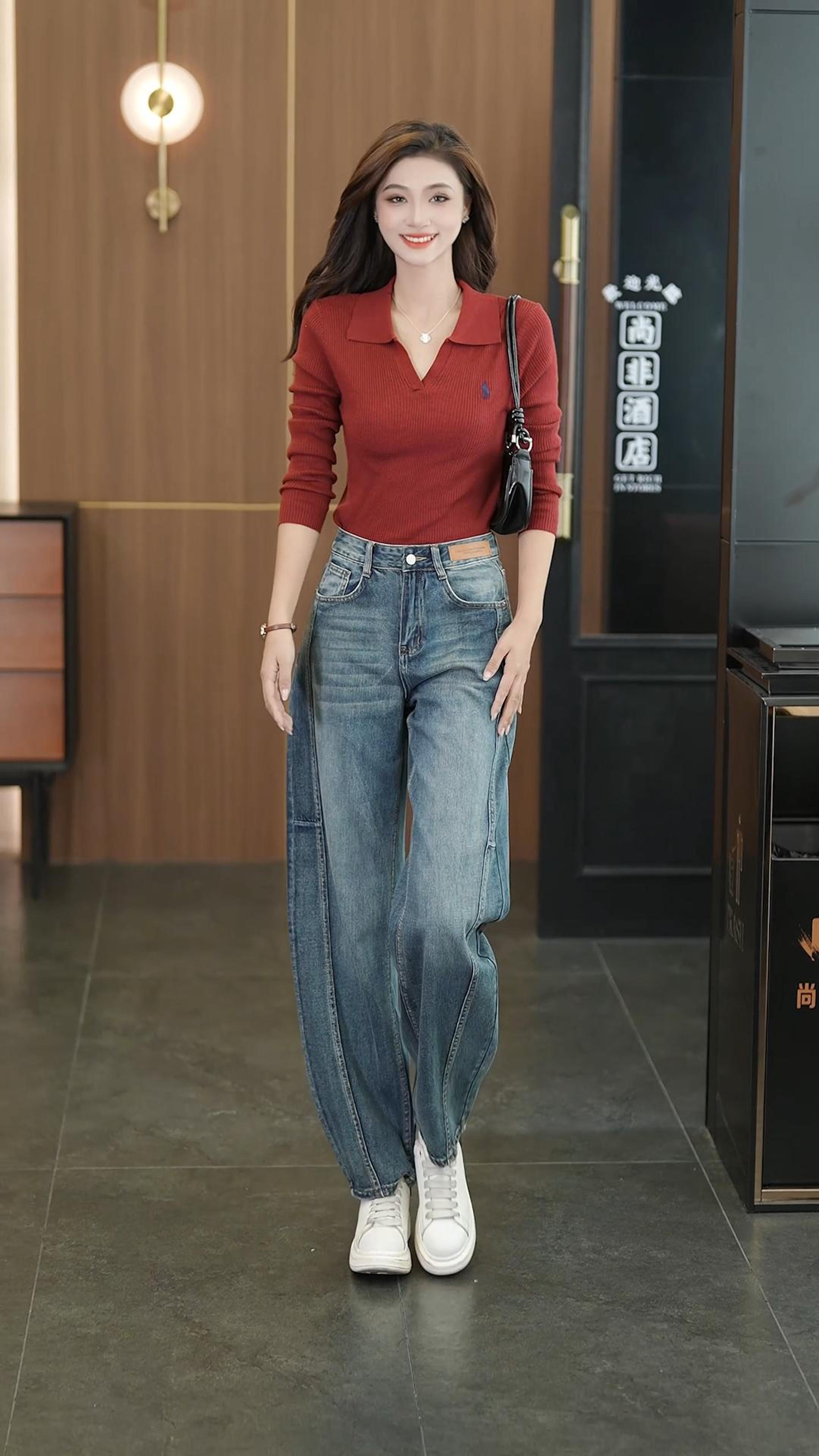 拼接弯刀牛仔裤女春秋款复古宽松舒适流行高腰裤子