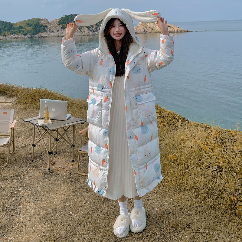 俏皮减龄兔耳朵连帽印花羽绒服女2025年冬季90白鸭绒长款炸街外套