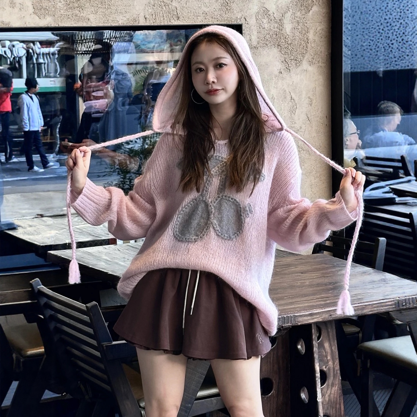 【粉色樱桃毛衣】2025秋季新款动感樱桃连帽套头毛衫宽松女上衣