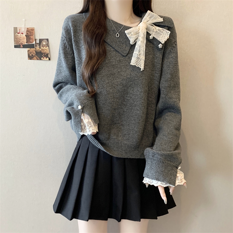 大码女装不规则温柔风套头毛衣女秋冬胖mm蕾丝花边长袖宽松针织衫