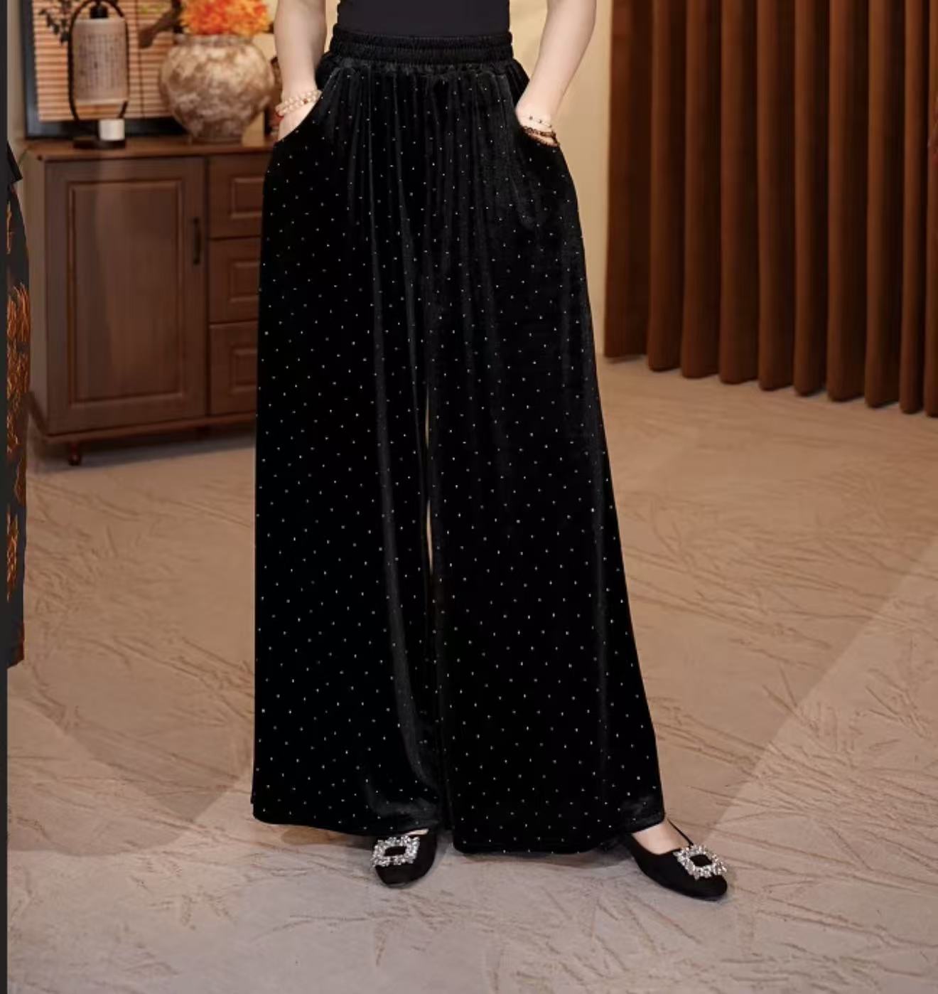 3162/阔腿裤秋冬宽松烫钻复古女装高腰休闲秋冬季长裤休闲裤