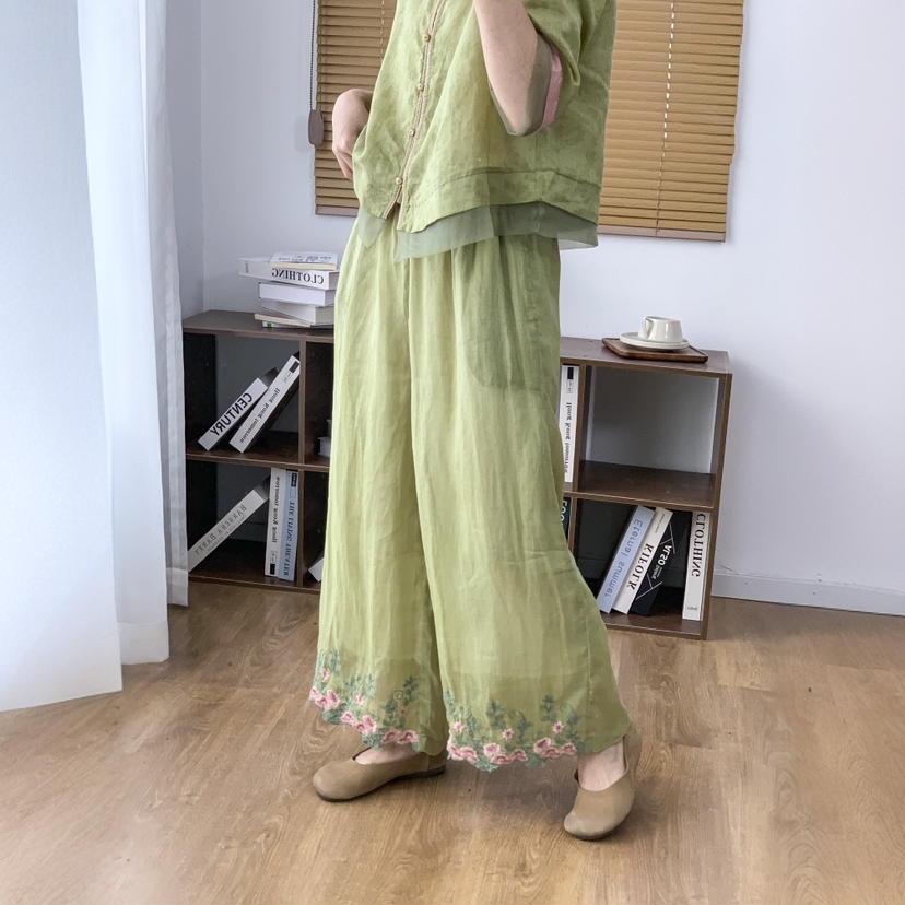 2025春新款苎麻民族风阔腿裤松紧腰裤脚刺绣碎花国风双层休闲裤