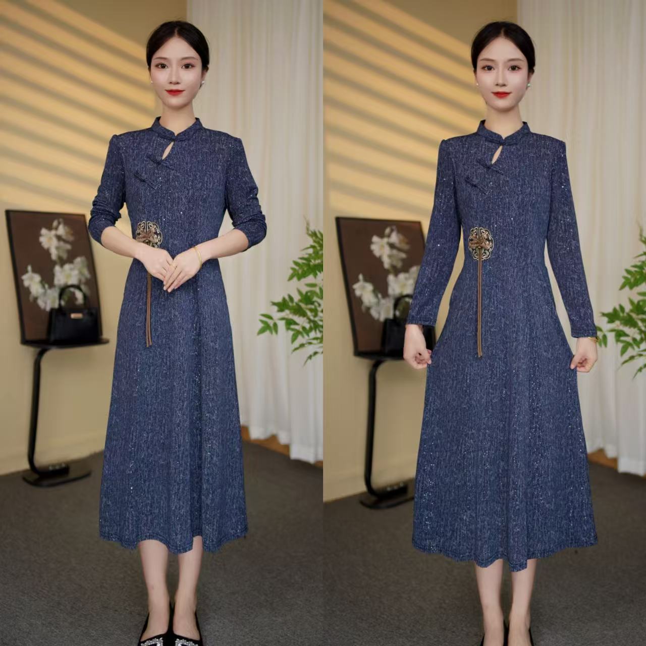 【吉遇优选】 1369+2258#新款重工刺绣弹力缎长袖满天星旗袍连衣裙