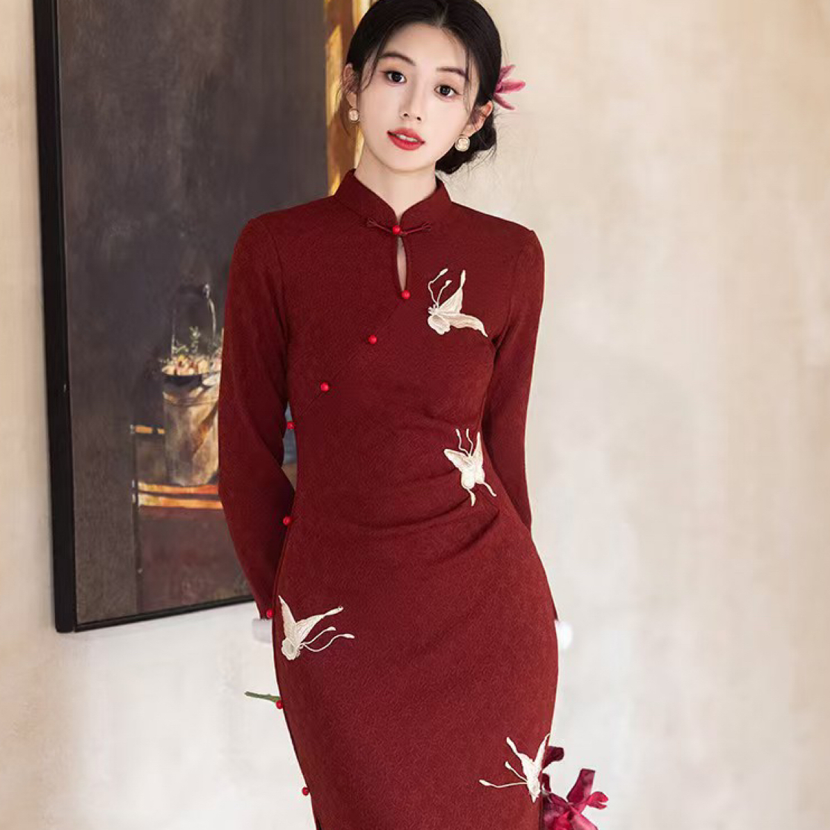 【雅衣阁】红色加绒加厚长袖刺绣新中式复古显瘦年轻款秋冬改良旗袍