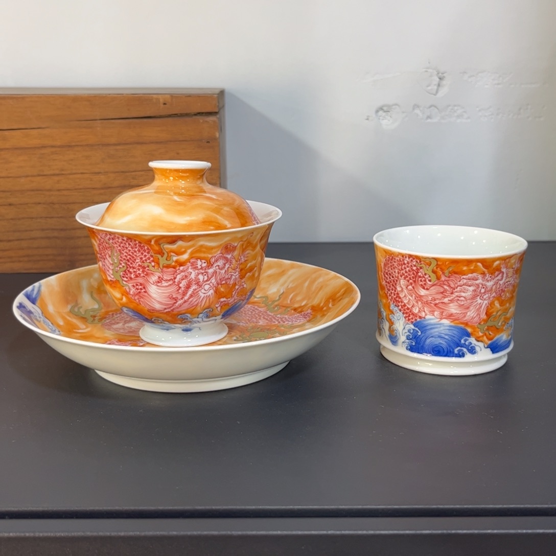 青花矾红错金银苍龙出海三件套 可拆分