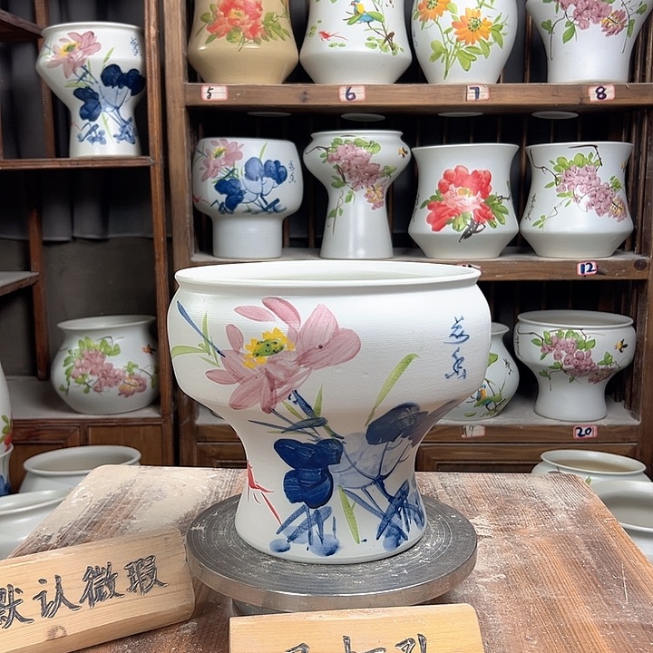 摆件口22青花荷花新款陶瓷陶瓷