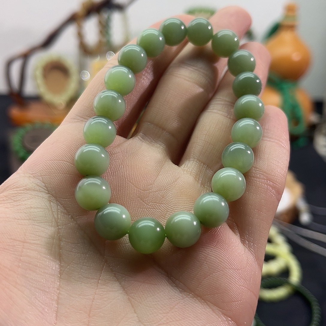 和田玉未镶嵌颈饰俄碧-粉青手串-10mm