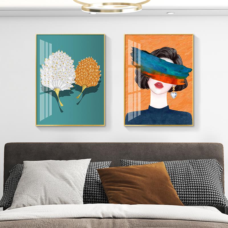 卧室床头装饰画轻奢简约现代主卧房间背景墙挂画人物美女两联壁画