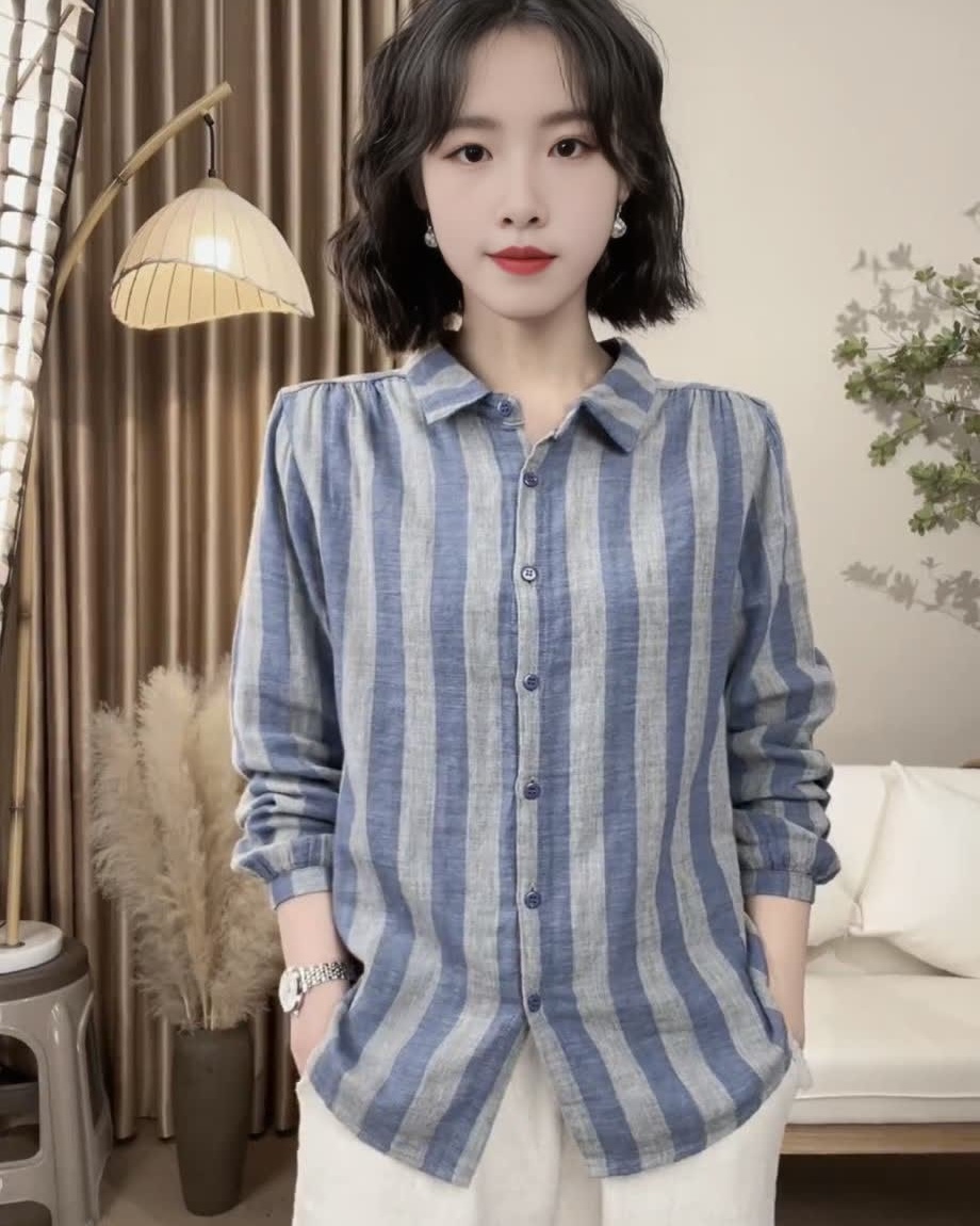 春秋开衫方领条纹宽松型百搭衬衫长袖外套宽松休闲女士上衣衬衣